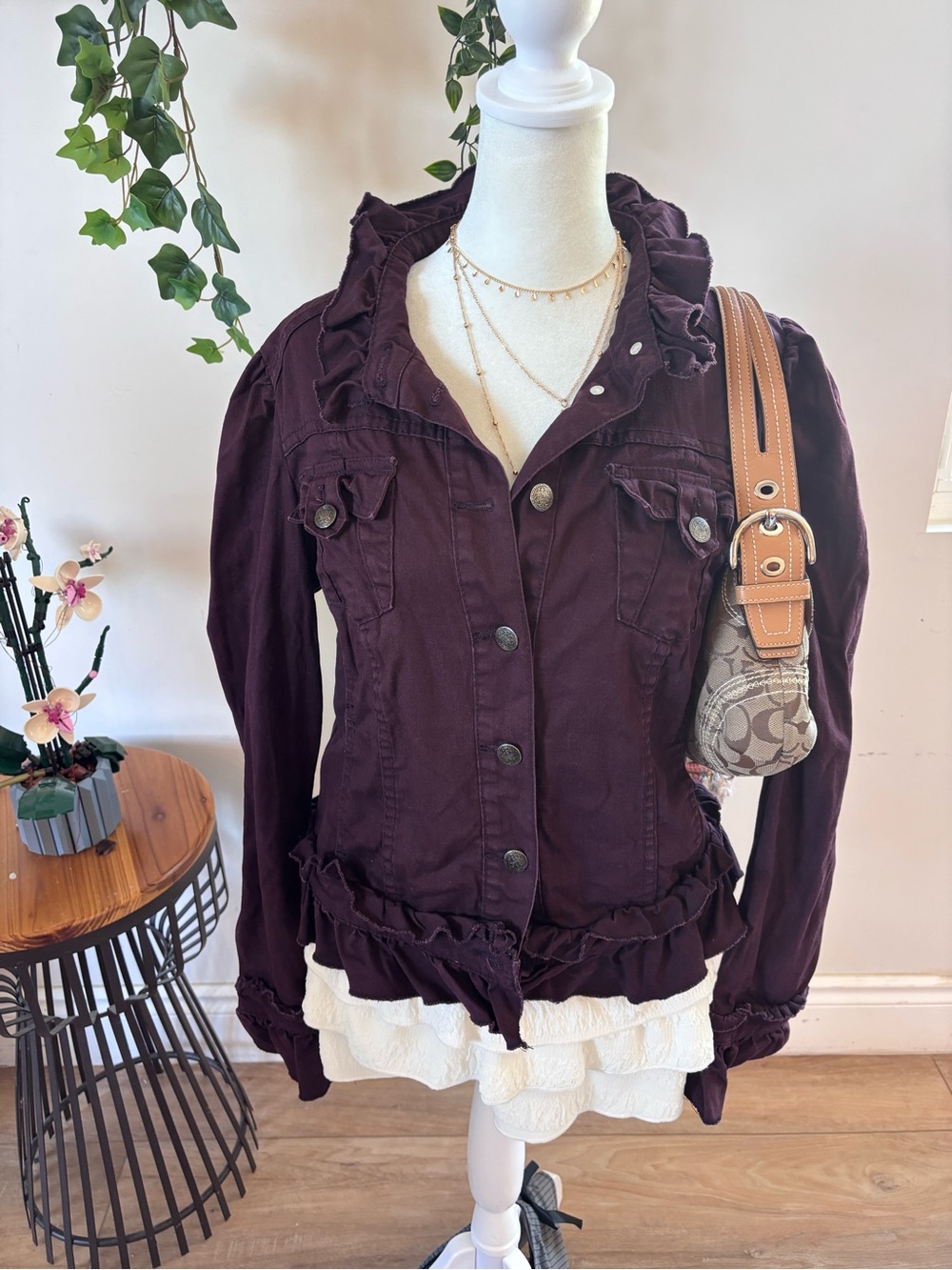INC International Concepts Ruffled Button-Front Jacket in Plum